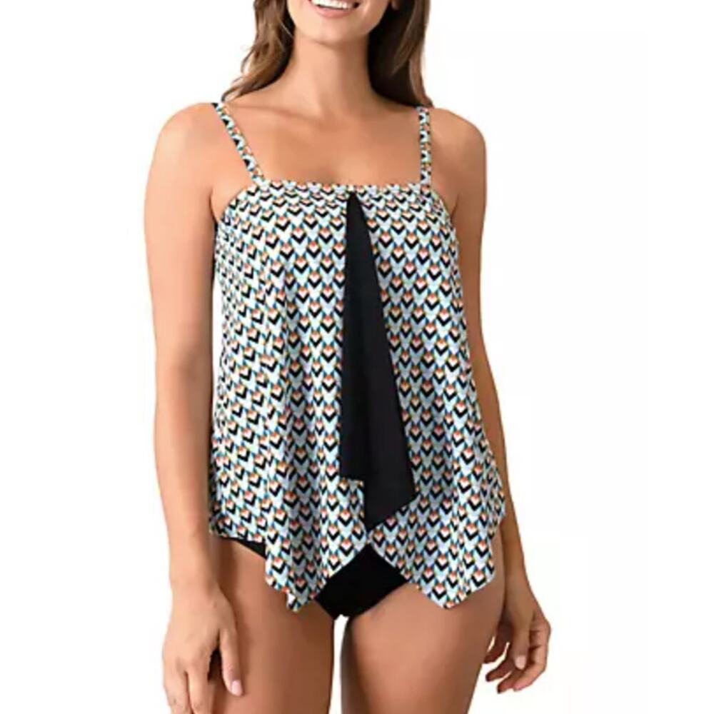 Fit 4 U Tankini Top Geo Print Tummy Control Handkerchief Hem S